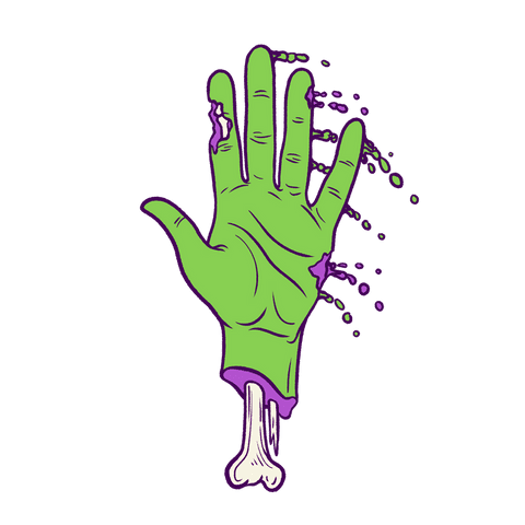Transparent cartoon severed green hand with slime and bone