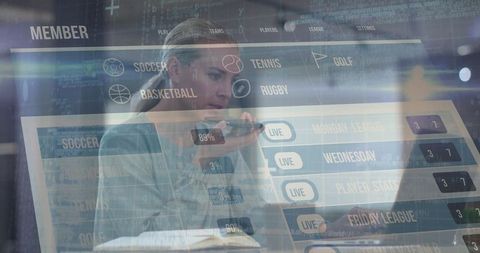 Businesswoman with Futuristic Sports Betting Interface
