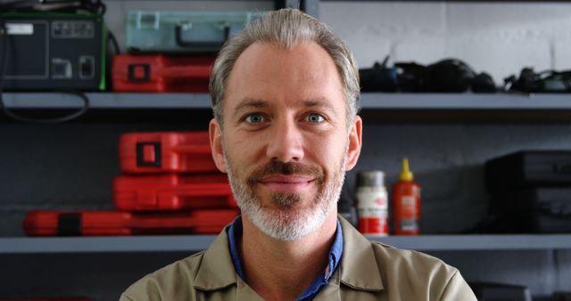 Middle-aged Male Mechanic in Workshop with Red Toolbox - Download Free Stock Images Pikwizard.com