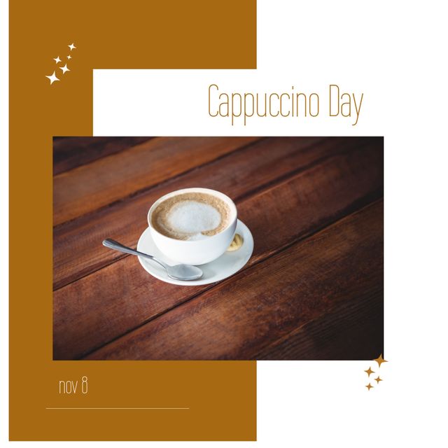 Cappuccino Day Celebration with Frothy Cup on Wooden Table - Download Free Stock Templates Pikwizard.com