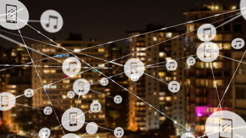 Digital Network of Music and Media Icons Over Cityscape