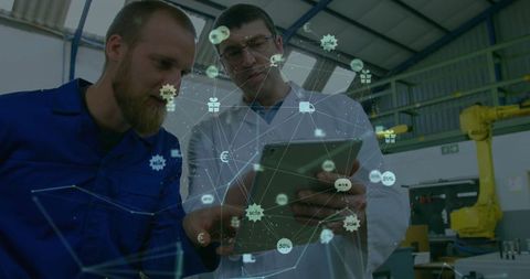 Engineers in factory with digital ai overlay