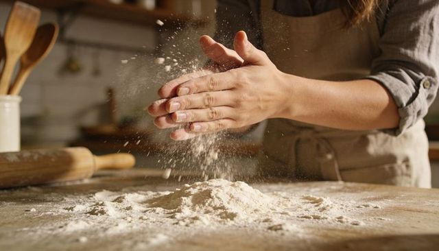 Clapping hands dusting flour over rustic wooden countertop for artisan bread