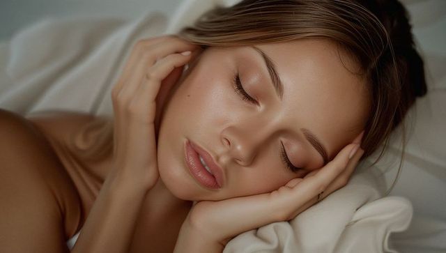 Serene woman sleeping, cradling face on cream bedding closeup with glowing skin