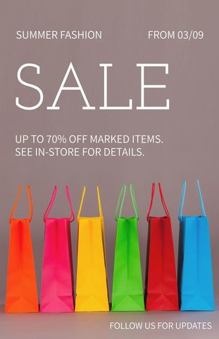 Vibrant shopping bags lined up to represent engaging fashion sales and seasonal offers, perfect for attracting customer attention. Featuring bold summer fashion sale text, this can be ideal for promoting in-store offers and announcements. Great for online advertising, newsletters, and store display boards. Can be repurposed for events or campaigns highlighting discounts and new collections.