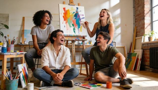 Joyful adult artists collaborating on vibrant abstract painting in sunlit loft art studio