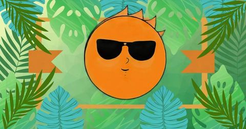 Smiling sunglasses sun surrounded by tropical monstera and palm leaves for summer design