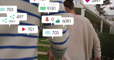 Couple Walking Towards Home With Social Media Engagement Icons