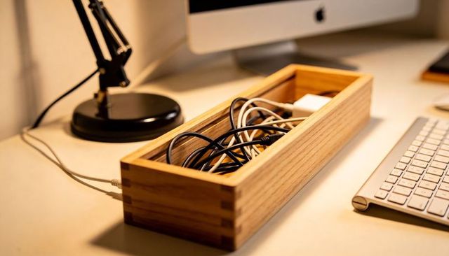 Wooden cable organizer holding charging cables on modern home office desk