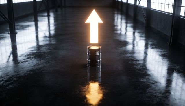 Glowing upward arrow rising above metal barrel on reflective warehouse floor