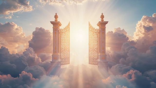 Ethereal golden gates among radiant clouds