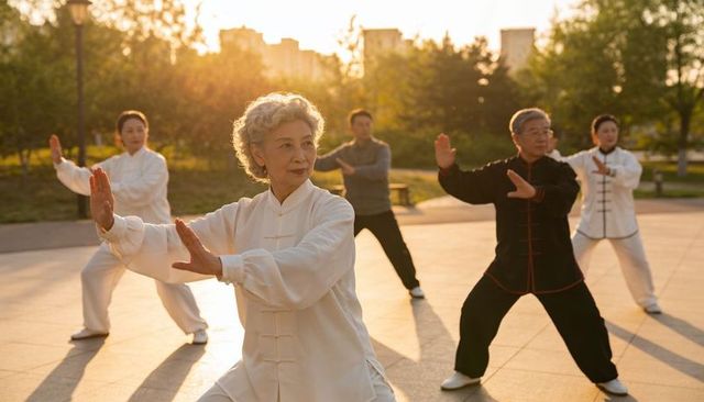 Senior group practicing tai chi at sunrise in park plaza for mindful aging and balance