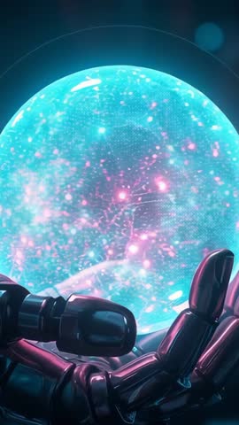 Futuristic robotic hand cradling glowing translucent sphere with pulsing digital web - vertical vide