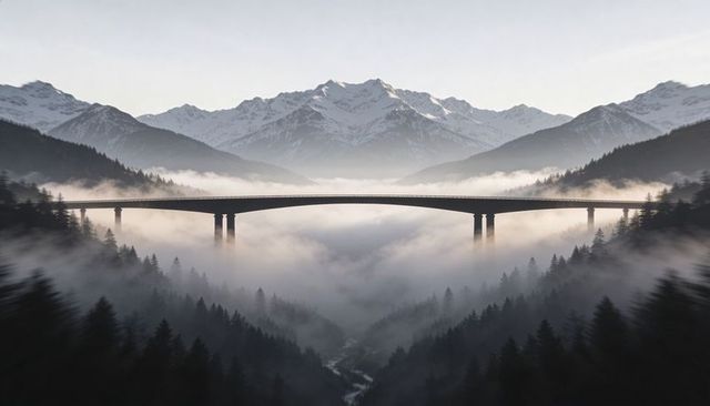 Spanning viaduct over mist-filled alpine valley with snow-capped peaks and pine forest