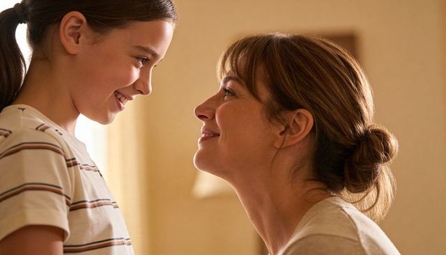 Mother and daughter sharing warm smile and gentle gaze in cozy home interior with soft backlight