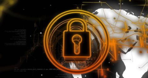 Neon Orange Cybersecurity Padlock Over Digital World Map Radiating Rings Protecting Network