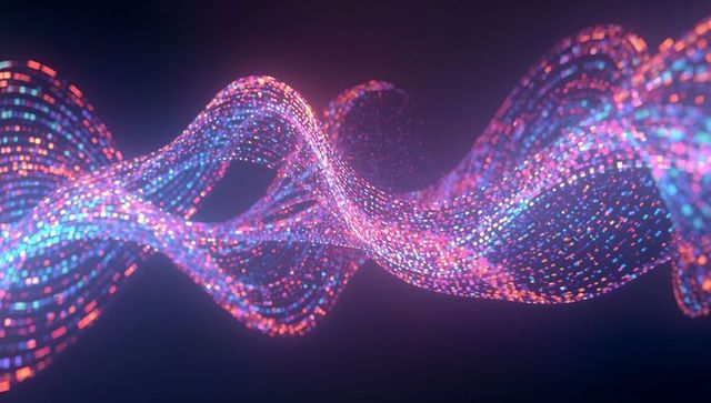 Flowing neon data ribbons twisting across futuristic virtual space with pixel particles