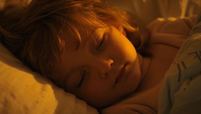 Sleeping toddler bathed in warm golden light, cozy bedtime closeup of peaceful child face