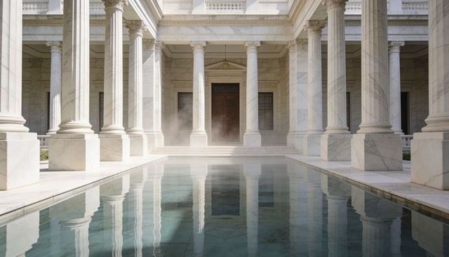 Marble colonnade reflecting in pool with mist, carved door, neoclassical symmetry
