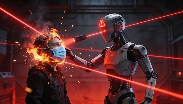 Futuristic combat robot gripping masked man with red laser beams and industrial sparks