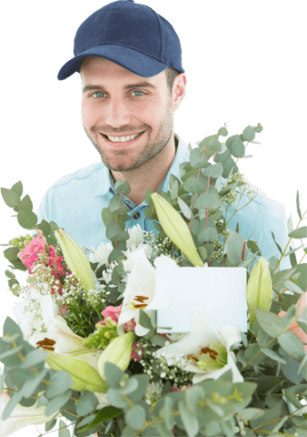 Smiling Courrier Holding Bouquet of Flowers with Transparent Background