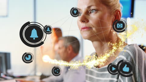 Focused Businesswoman with Digital Interface Network Connections