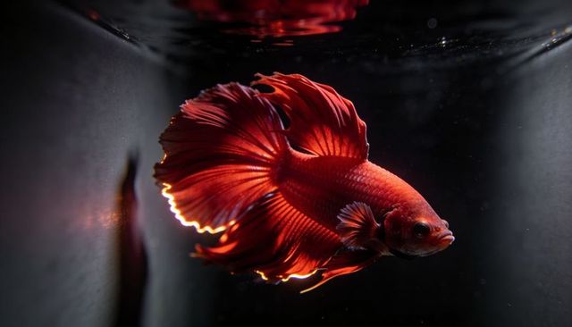 Gliding red betta fish with dramatic rim lighting, flowing fins and glass reflection