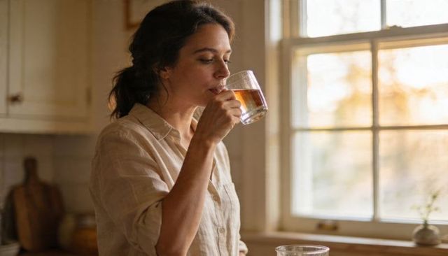 Woman sipping tea at sunlit kitchen counter wearing linen shirt, cozy morning ritual