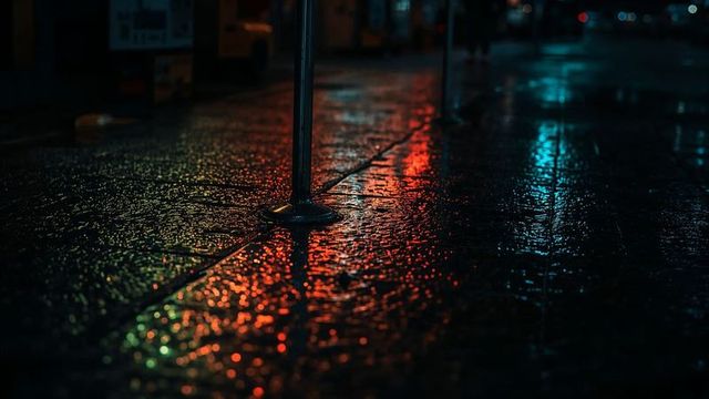 Moody Night Cityscape with Neon Reflections on Wet Sidewalk