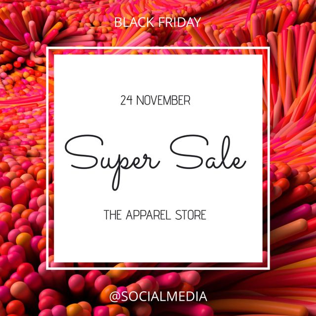 Ideal for promoting Black Friday sales and discounts, this vibrant and colorful design captures the excitement and urgency of the event. Perfect for social media campaigns, website banners, email marketing, and other promotional materials aimed at drawing attention and driving customer engagement to an apparel store.