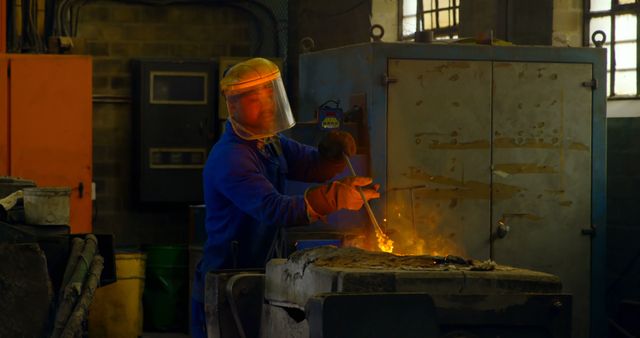 Industrial worker in protective helmet and gloves melting metal in a foundry. Glowing furnace and sparks emphasize heavy industry environment. Great for illustrating industrial processes, worker safety, manufacturing, labor-intensive work, and metallurgy.