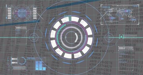 Futuristic HUD Interface with Multi-Ring Reticle, World Map Readouts, Neon Cyber Dashboard