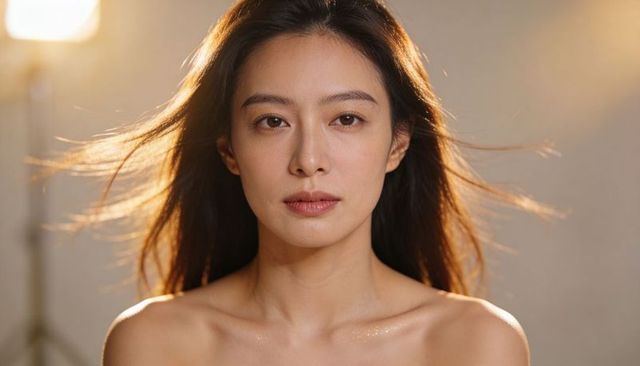Facing camera windblown portrait of woman with bare shoulders and warm studio glow