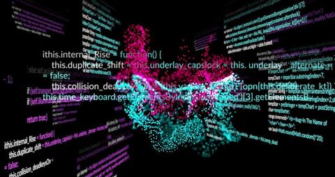 Glowing Central Particle Cloud Swirling in Virtual 3D Data Space with Overlaid Code Panels