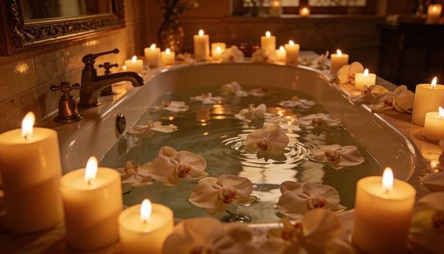 Candlelit spa bathtub with floating orchids and brass faucet creating warm relaxation