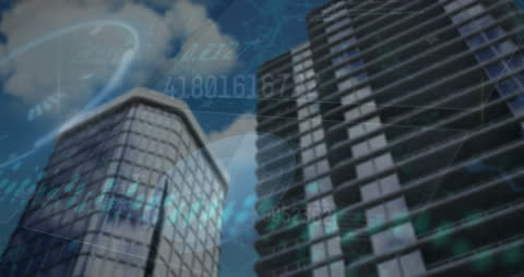 Modern Digital Overlay on Skyscrapers with Data Visualization