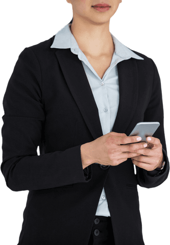 Transparent businesswoman texting with smartphone in black suit