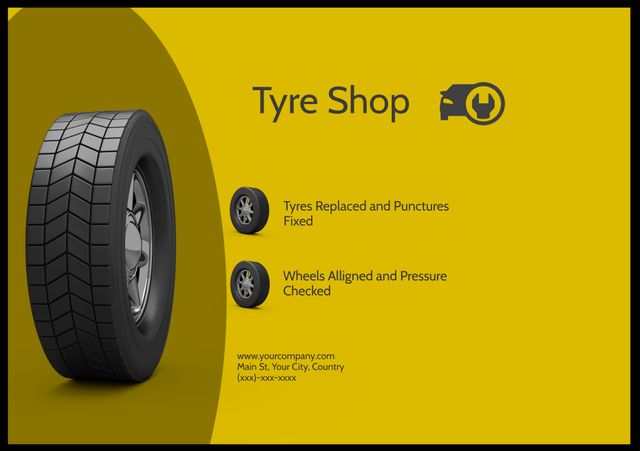 Ad for a tyre shop offering tyre replacement, puncture fixes, wheel alignment, and pressure checks. Ideal for promoting auto services in ads, blogs, and automotive workshops seeking to draw customers for reliable vehicle maintenance.