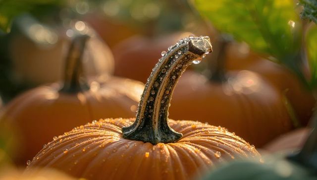 Dew-Kissed Pumpkin in Sunlit Autumn Patch