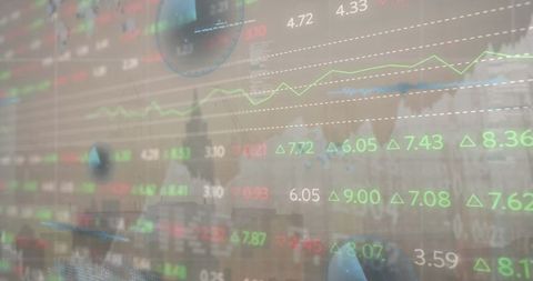 Futuristic Financial Data Overlay with Line Graphs in Corporate Trading Office