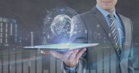 Businessman Holding Tablet with Digital Financial World - Download Free Stock Images Pikwizard.com