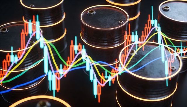 Crude oil market volatility representing metallic barrels with candlestick trading charts
