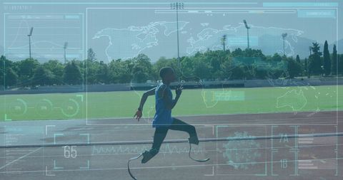 Athlete with Prosthetic Blades Running in Futuristic Interface