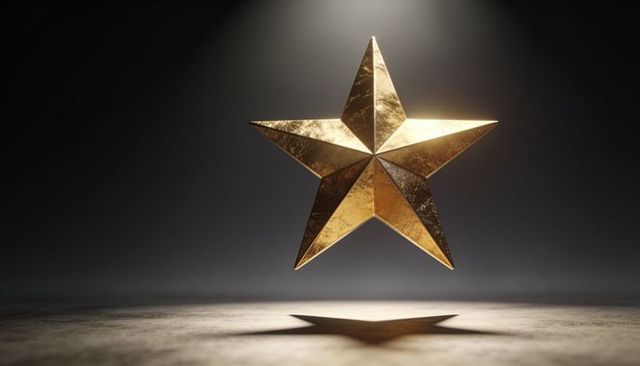 Floating faceted gold star casting sharp star shadow on matte floor under overhead spot