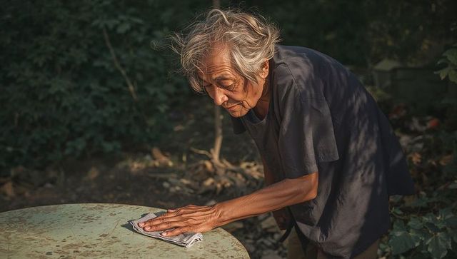Senior asian man wiping weathered metal table in backyard garden sunlight
