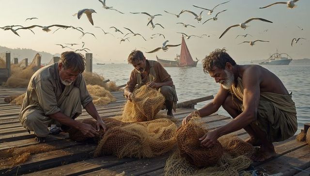 Early morning fishermen mending nets on wooden pier with seagulls and red sailboat