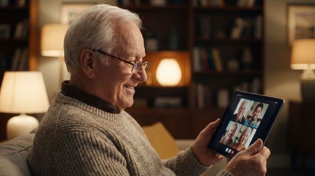 Smiling senior man holding tablet during warm multigenerational video call at home