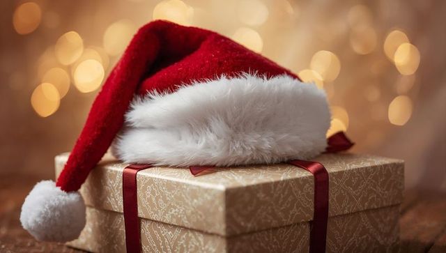 Draping Santa Hat Over Gold Gift Box with Red Ribbon and Warm Bokeh Lights