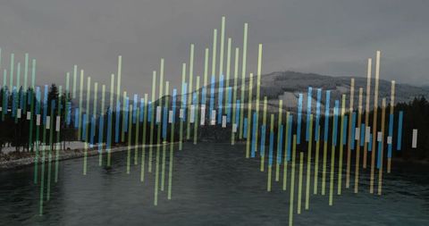 Riverside Mountain Scene with Data Bars Overlay