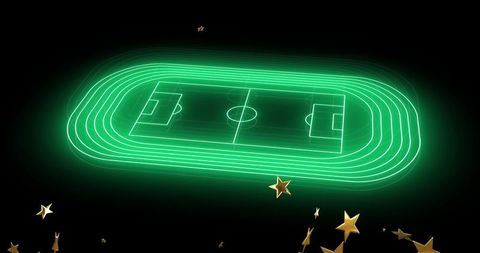 Neon green oval track encircling futuristic soccer pitch with gold stars and hologram glow
